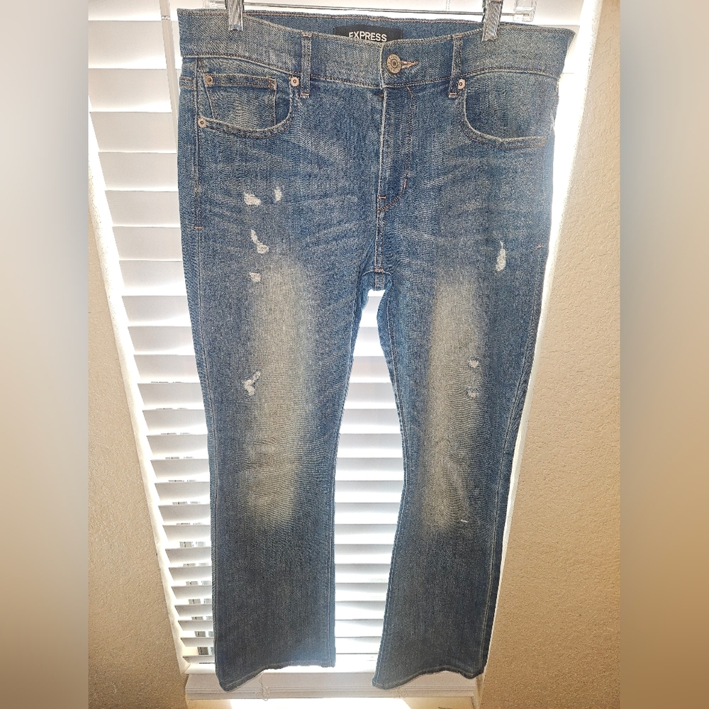 Express women's Distressed Blue Jeans barely boot mid rise